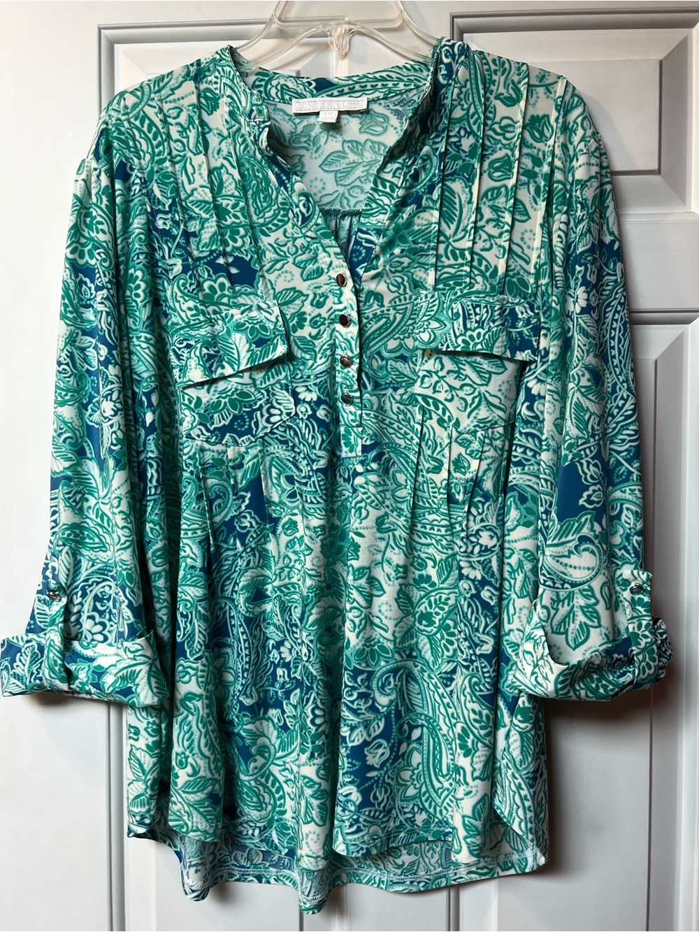 Paisley Print Relaxed Button-Front Blouse in Teal